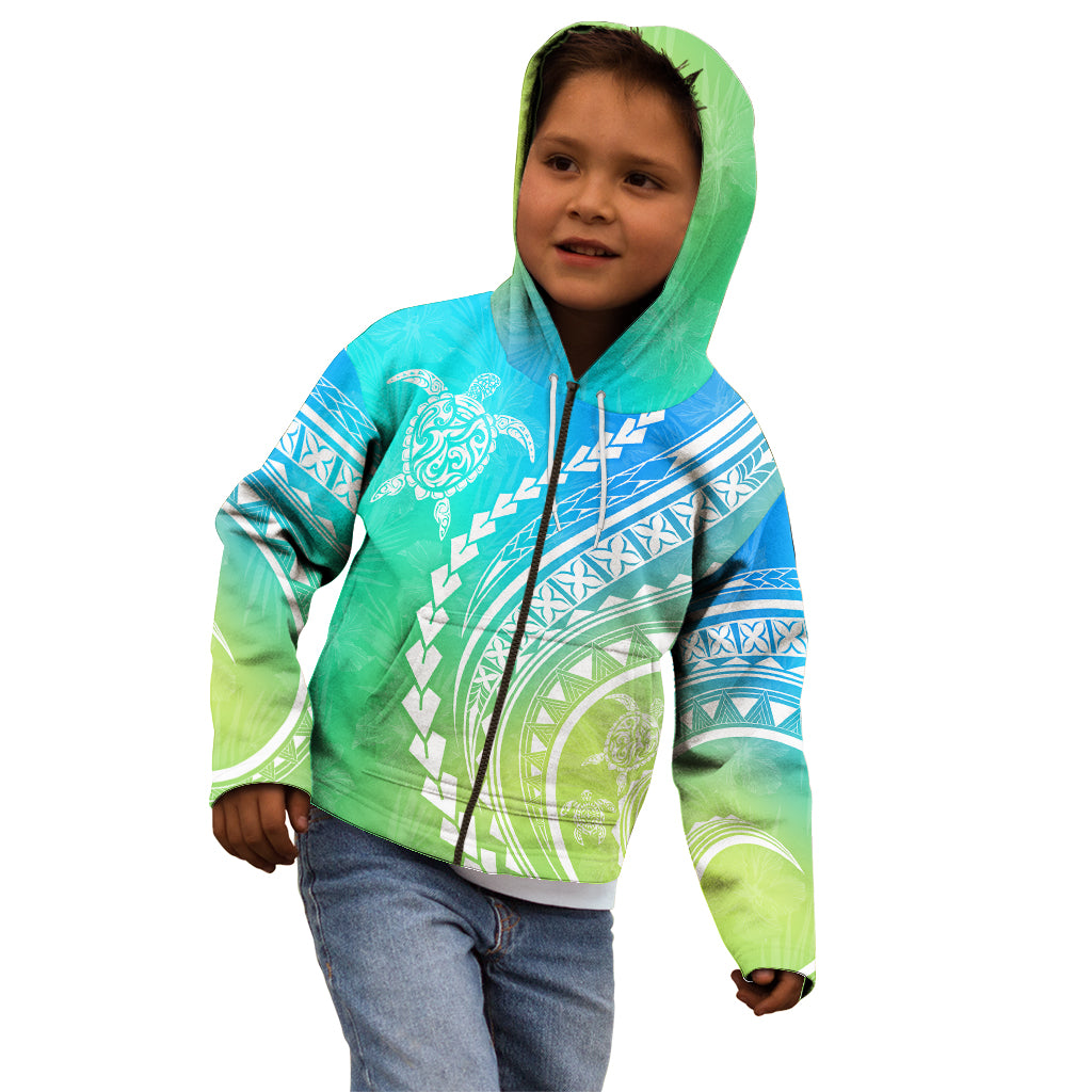 Polynesian Pride Kid Hoodie Turtle Hibiscus Luxury Style - Gradient Blue - Wonder Print Shop