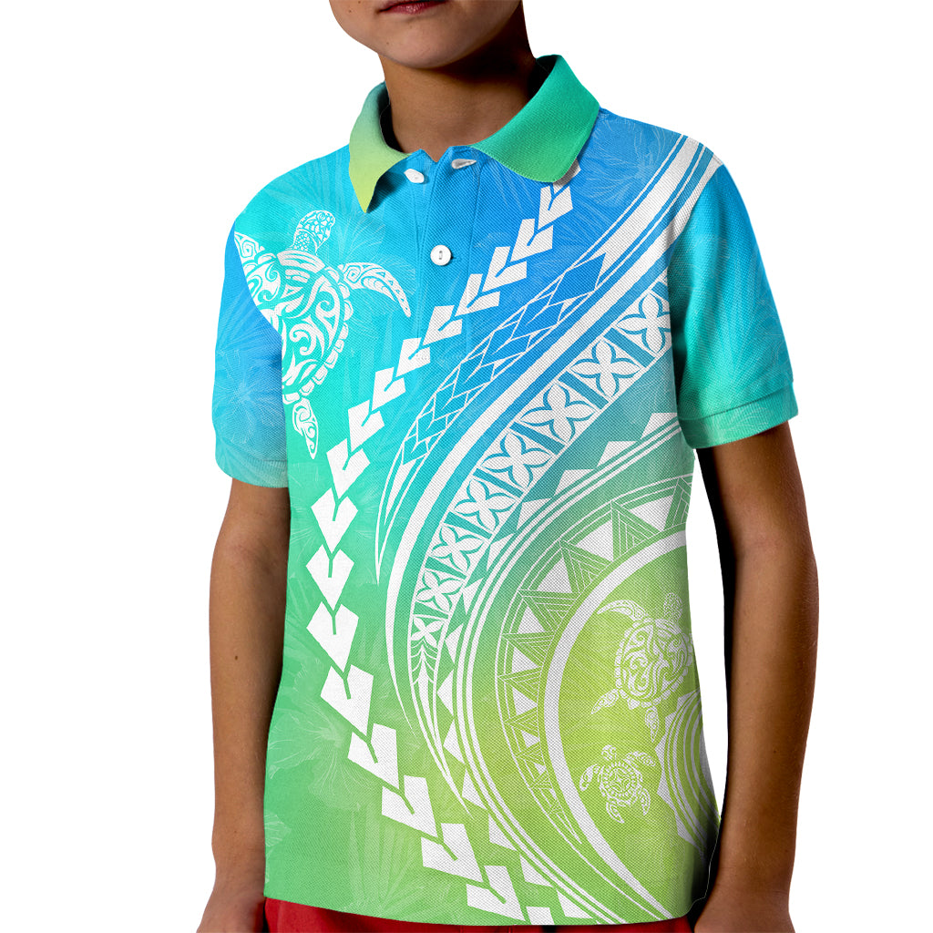 Polynesian Pride Kid Polo Shirt Turtle Hibiscus Luxury Style - Gradient Blue - Wonder Print Shop