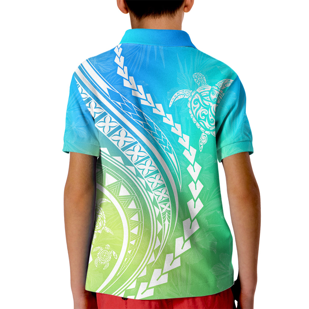 Polynesian Pride Kid Polo Shirt Turtle Hibiscus Luxury Style - Gradient Blue - Wonder Print Shop