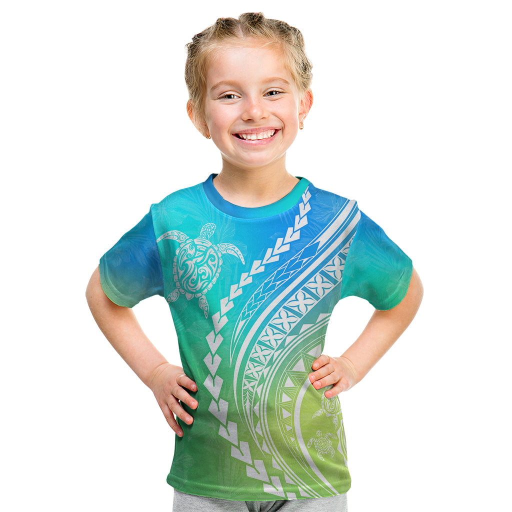 Polynesian Pride Kid T Shirt Turtle Hibiscus Luxury Style - Gradient Blue - Wonder Print Shop