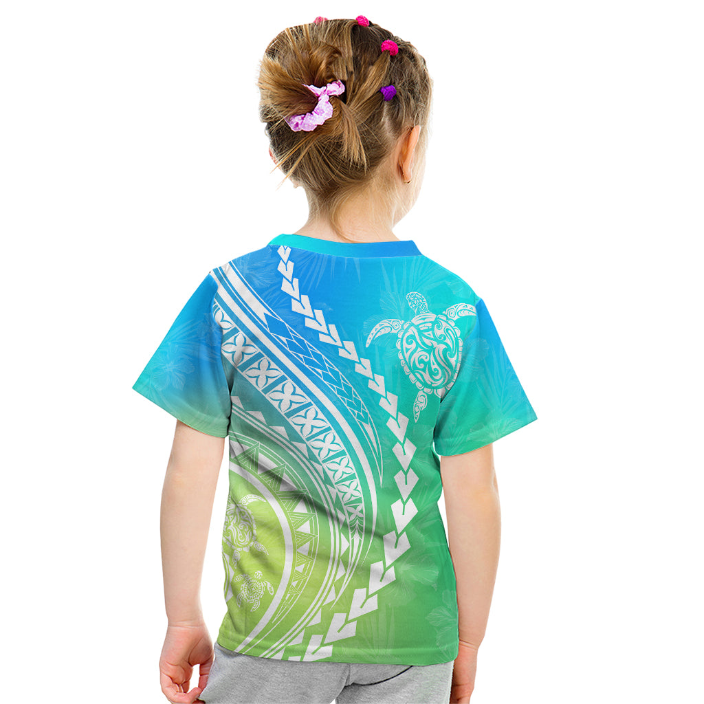 Kids' gradient blue-green T-shirt with back turtle graphic and geometric pattern