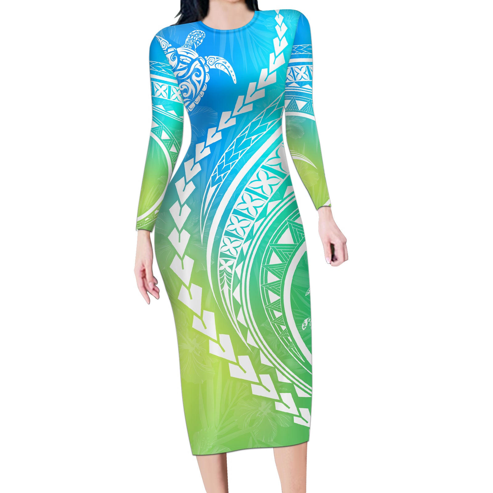 Polynesian Pride Long Sleeve Bodycon Dress Turtle Hibiscus Luxury Style - Gradient Blue - Wonder Print Shop