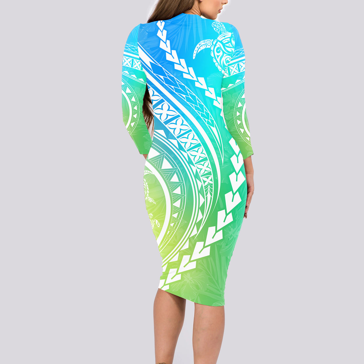 Polynesian Pride Long Sleeve Bodycon Dress Turtle Hibiscus Luxury Style - Gradient Blue - Wonder Print Shop