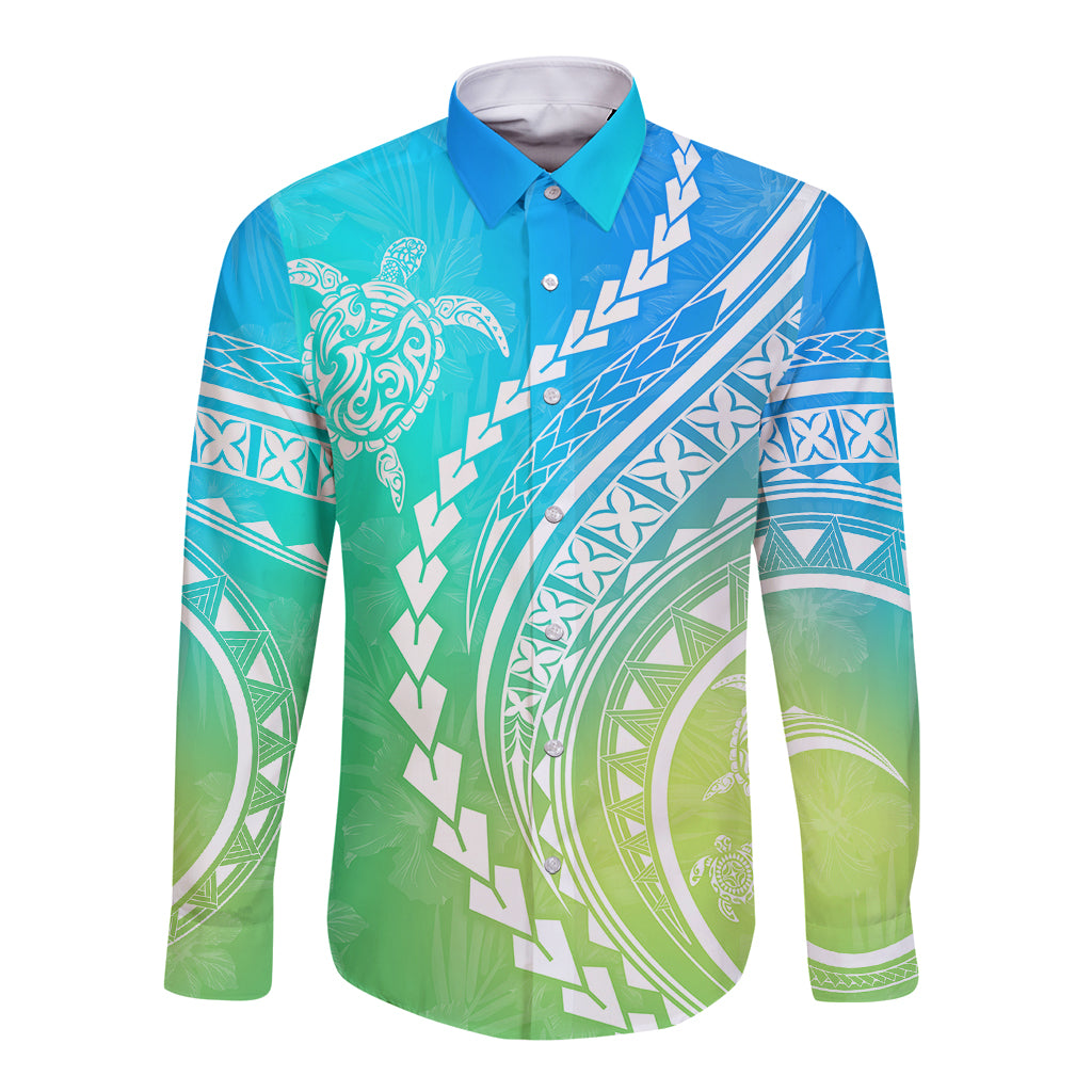 Polynesian Pride Long Sleeve Button Shirt Turtle Hibiscus Luxury Style - Gradient Blue - Wonder Print Shop