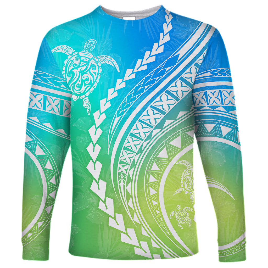 Polynesian Pride Long Sleeve Shirt Turtle Hibiscus Luxury Style - Gradient Blue - Wonder Print Shop