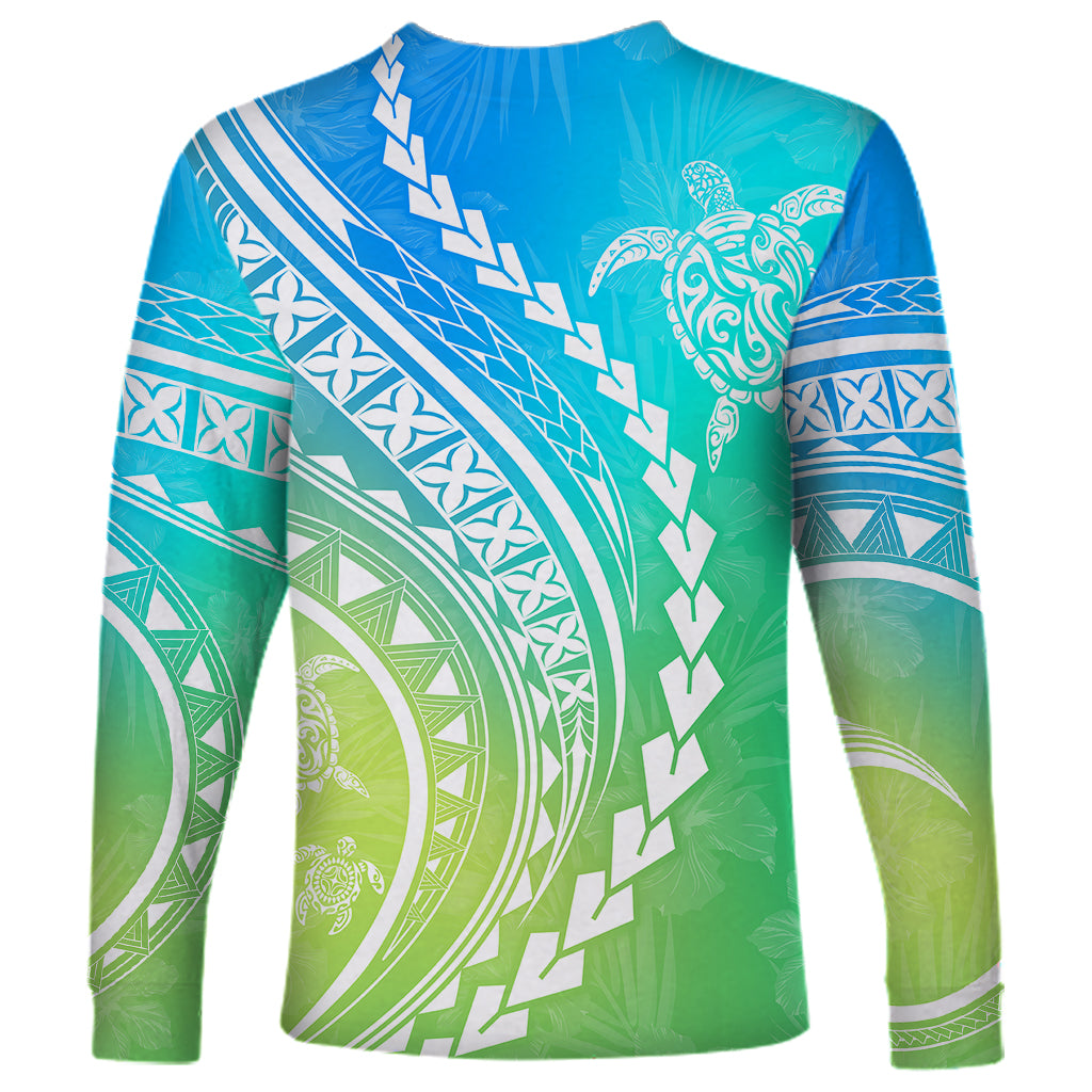 Polynesian Pride Long Sleeve Shirt Turtle Hibiscus Luxury Style - Gradient Blue - Wonder Print Shop