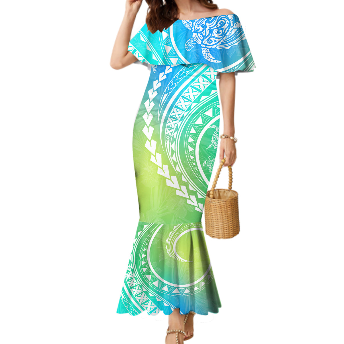 Polynesian Pride Mermaid Dress Turtle Hibiscus Luxury Style - Gradient Blue - Wonder Print Shop
