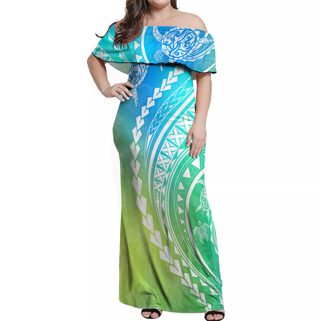 Polynesian Pride Off Shoulder Maxi Dress Turtle Hibiscus Luxury Style - Gradient Blue - Wonder Print Shop