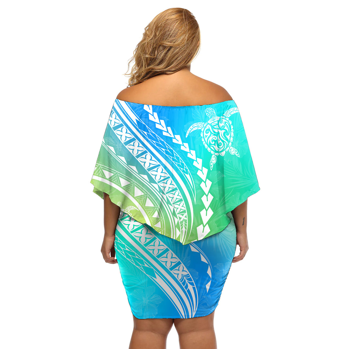 Polynesian Pride Off Shoulder Short Dress Turtle Hibiscus Luxury Style - Gradient Blue - Wonder Print Shop