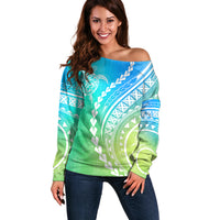 Polynesian Pride Off Shoulder Sweater Turtle Hibiscus Luxury Style - Gradient Blue - Wonder Print Shop