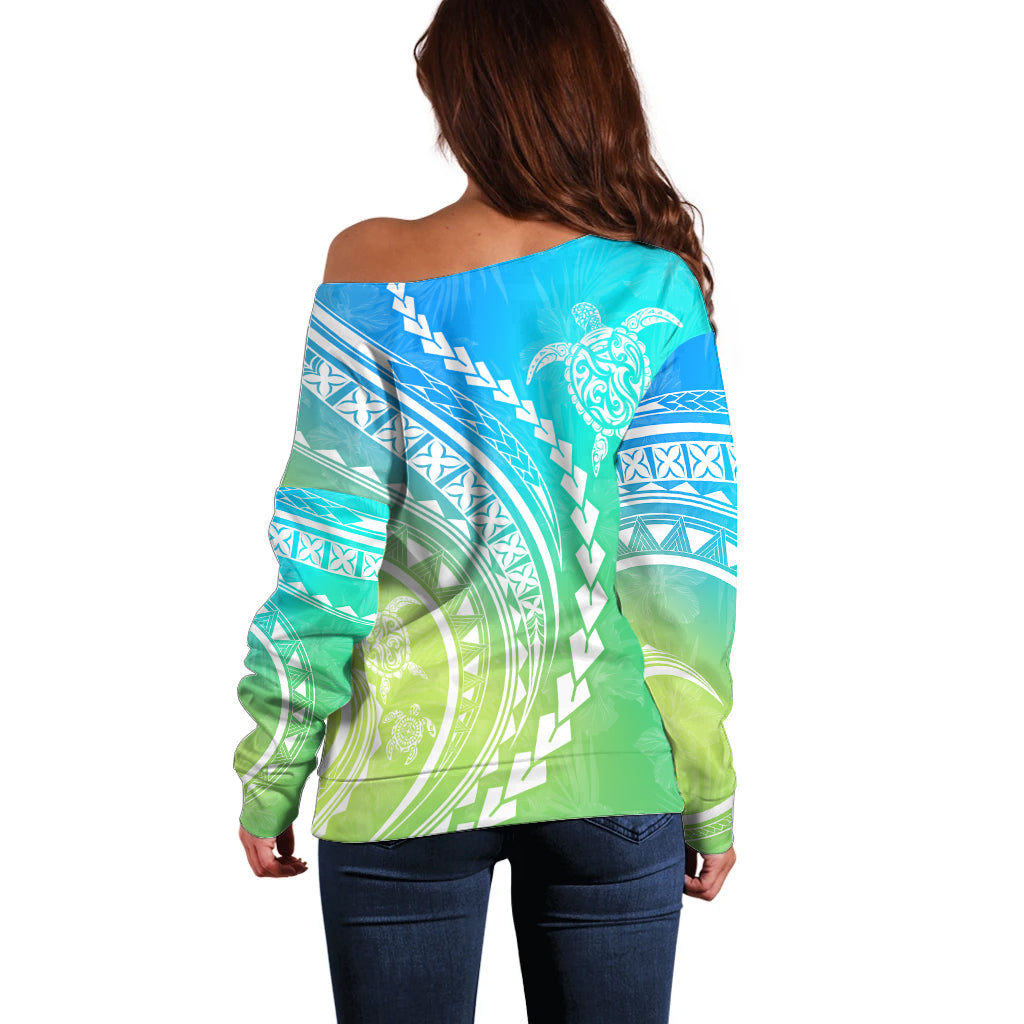 Polynesian Pride Off Shoulder Sweater Turtle Hibiscus Luxury Style - Gradient Blue - Wonder Print Shop