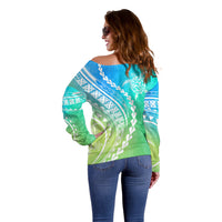 Polynesian Pride Off Shoulder Sweater Turtle Hibiscus Luxury Style - Gradient Blue - Wonder Print Shop