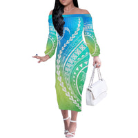 Polynesian Pride Off The Shoulder Long Sleeve Dress Turtle Hibiscus Luxury Style - Gradient Blue - Wonder Print Shop