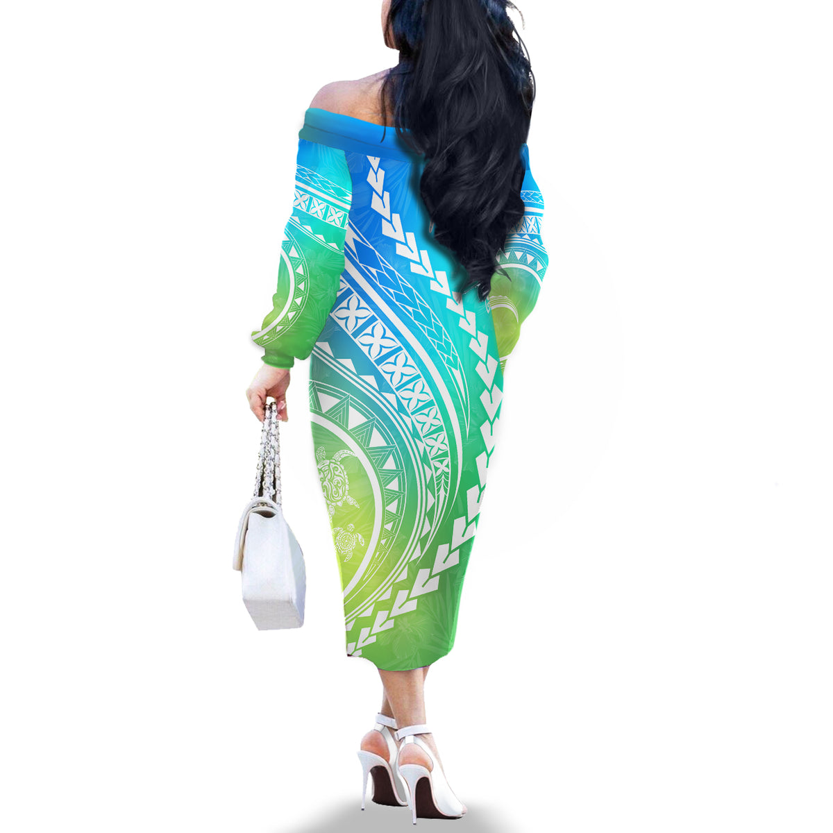 Polynesian Pride Off The Shoulder Long Sleeve Dress Turtle Hibiscus Luxury Style - Gradient Blue - Wonder Print Shop