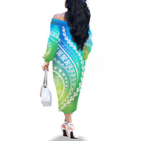 Polynesian Pride Off The Shoulder Long Sleeve Dress Turtle Hibiscus Luxury Style - Gradient Blue - Wonder Print Shop