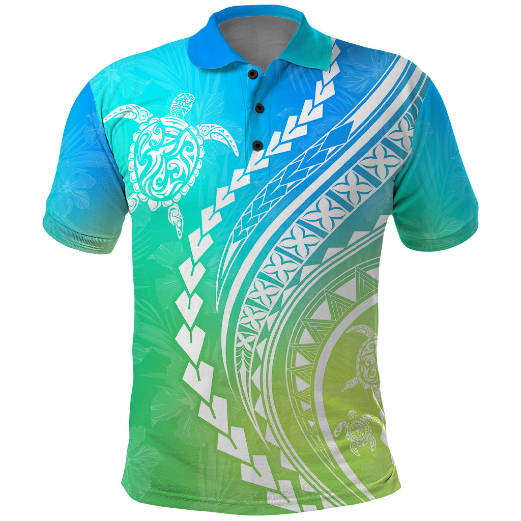 Polynesian Pride Polo Shirt Turtle Hibiscus Luxury Style - Gradient Blue - Wonder Print Shop