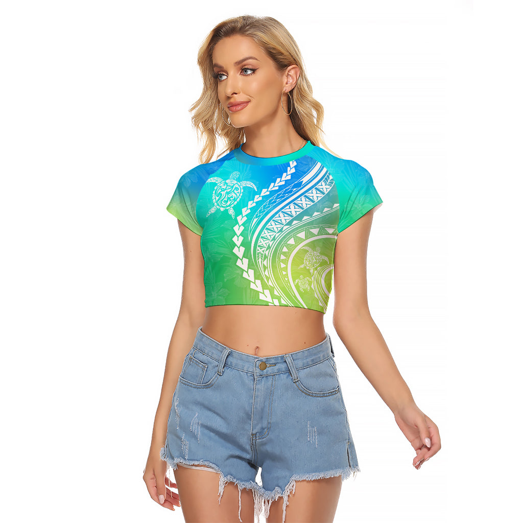 Polynesian Pride Raglan Cropped T Shirt Turtle Hibiscus Luxury Style - Gradient Blue - Wonder Print Shop