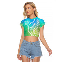 Polynesian Pride Raglan Cropped T Shirt Turtle Hibiscus Luxury Style - Gradient Blue - Wonder Print Shop