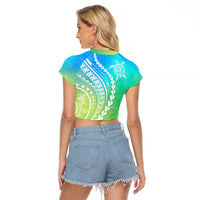 Polynesian Pride Raglan Cropped T Shirt Turtle Hibiscus Luxury Style - Gradient Blue - Wonder Print Shop