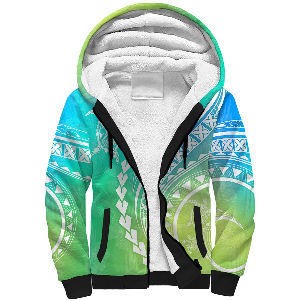 Polynesian Pride Sherpa Hoodie Turtle Hibiscus Luxury Style - Gradient Blue - Wonder Print Shop