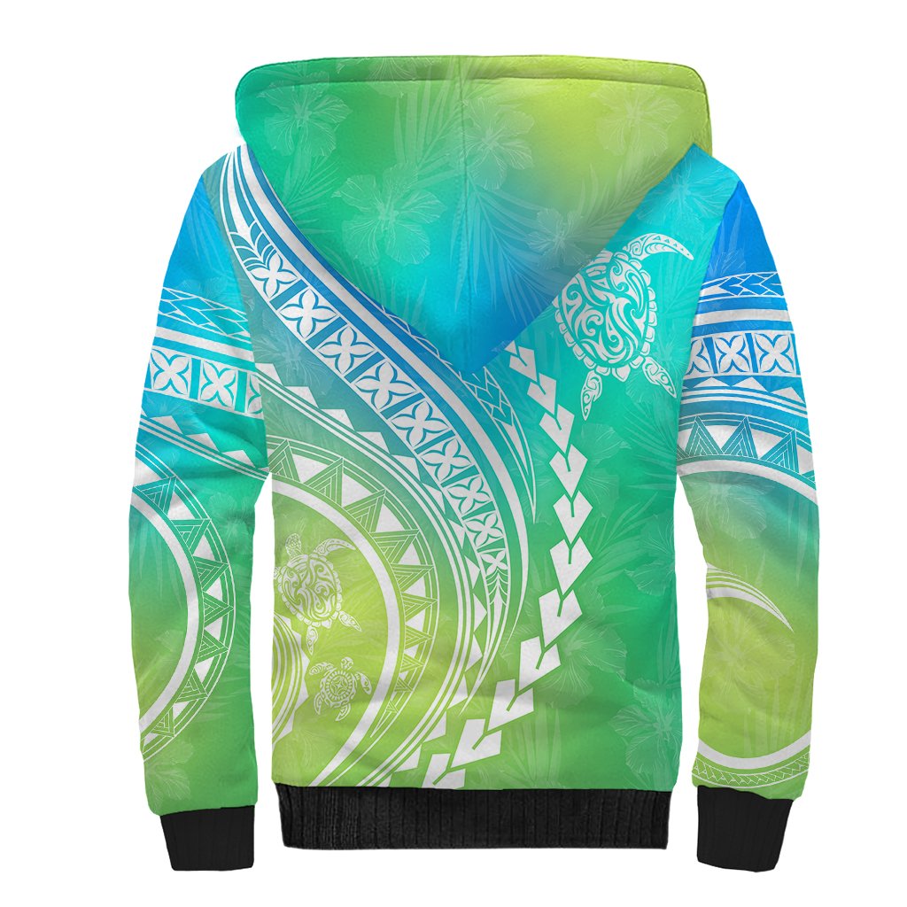 Polynesian Pride Sherpa Hoodie Turtle Hibiscus Luxury Style - Gradient Blue - Wonder Print Shop