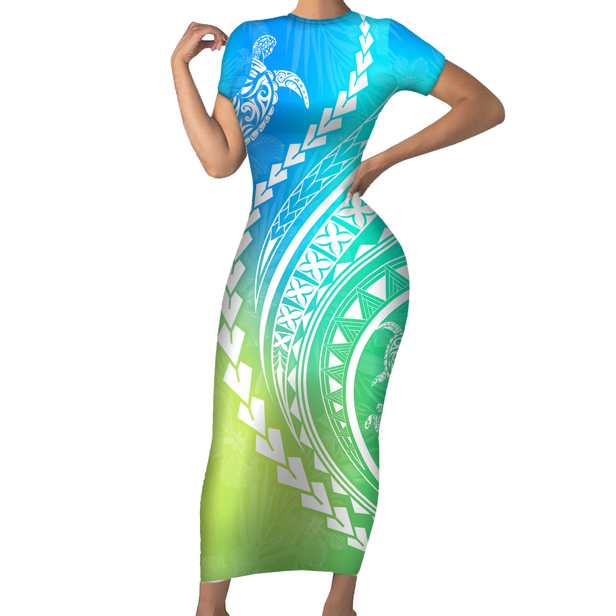 Polynesian Pride Short Sleeve Bodycon Dress Turtle Hibiscus Luxury Style - Gradient Blue - Wonder Print Shop