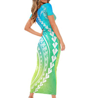 Polynesian Pride Short Sleeve Bodycon Dress Turtle Hibiscus Luxury Style - Gradient Blue - Wonder Print Shop