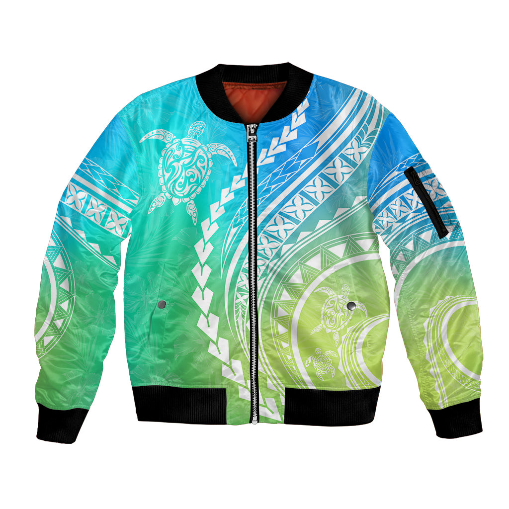 Polynesian Pride Sleeve Zip Bomber Jacket Turtle Hibiscus Luxury Style - Gradient Blue - Wonder Print Shop