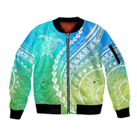 Polynesian Pride Sleeve Zip Bomber Jacket Turtle Hibiscus Luxury Style - Gradient Blue - Wonder Print Shop