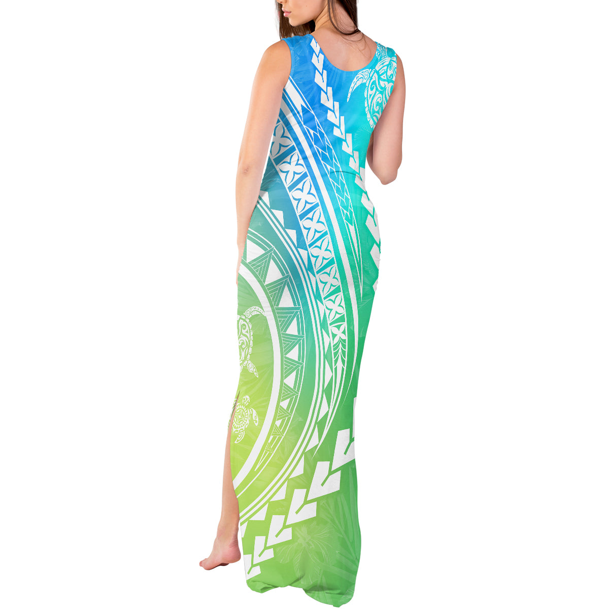 Polynesian Pride Tank Maxi Dress Turtle Hibiscus Luxury Style - Gradient Blue - Wonder Print Shop
