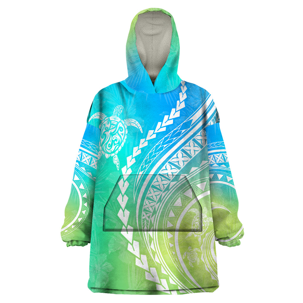 Polynesian Pride Wearable Blanket Hoodie Turtle Hibiscus Luxury Style - Gradient Blue - Wonder Print Shop