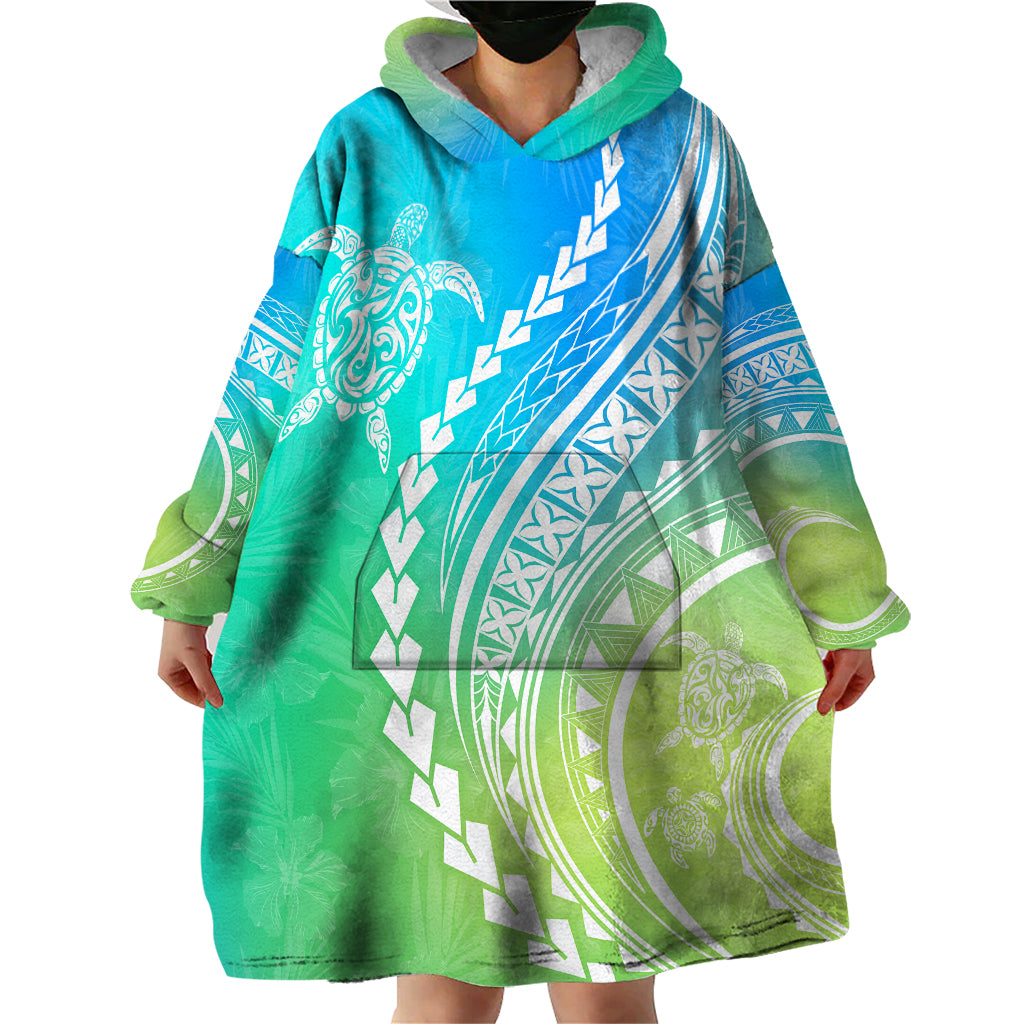 Polynesian Pride Wearable Blanket Hoodie Turtle Hibiscus Luxury Style - Gradient Blue - Wonder Print Shop