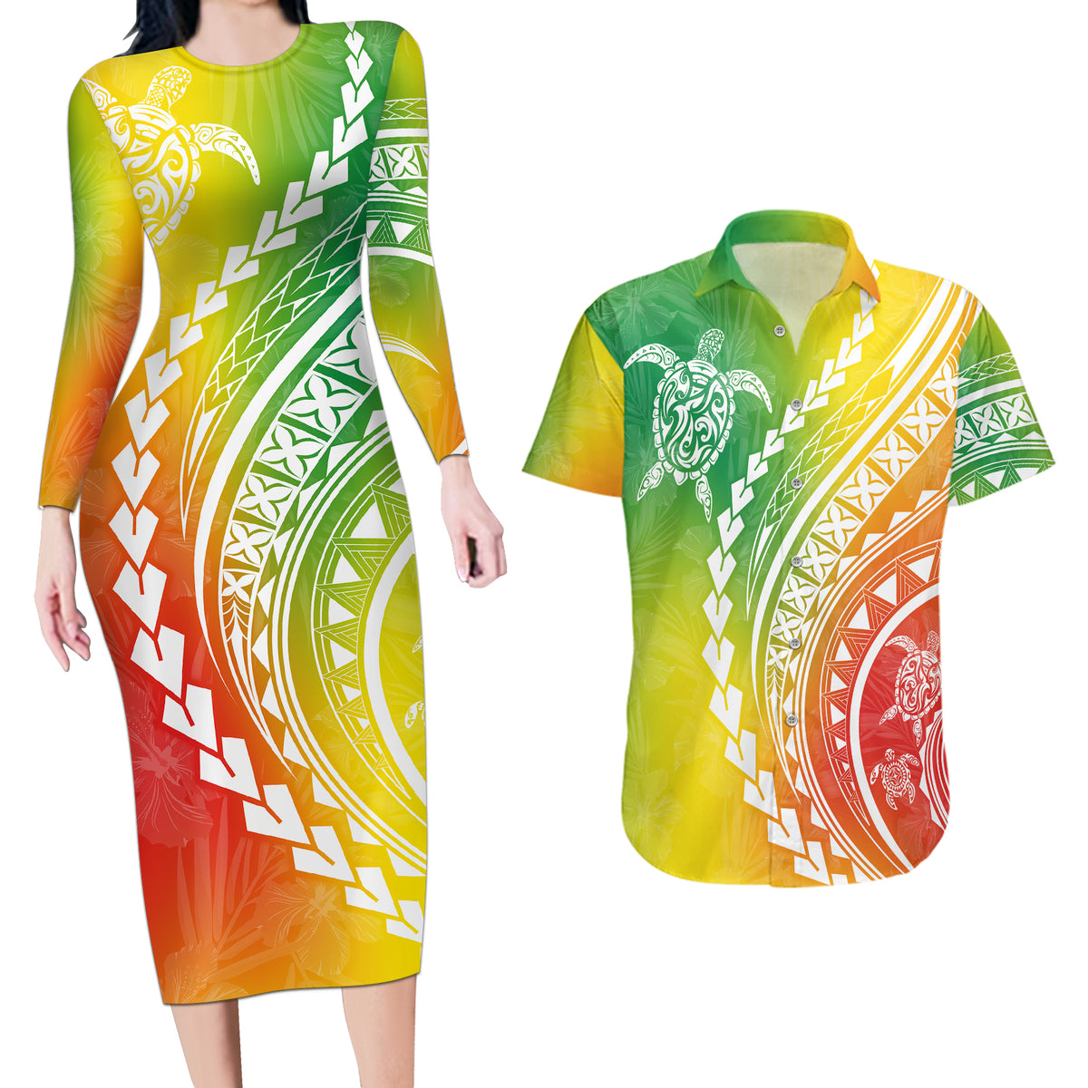 Polynesian Pride Couples Matching Long Sleeve Bodycon Dress and Hawaiian Shirt Turtle Hibiscus Luxury Style - Reggae LT7 - Wonder Print Shop