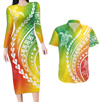 Polynesian Pride Couples Matching Long Sleeve Bodycon Dress and Hawaiian Shirt Turtle Hibiscus Luxury Style - Reggae LT7 - Wonder Print Shop