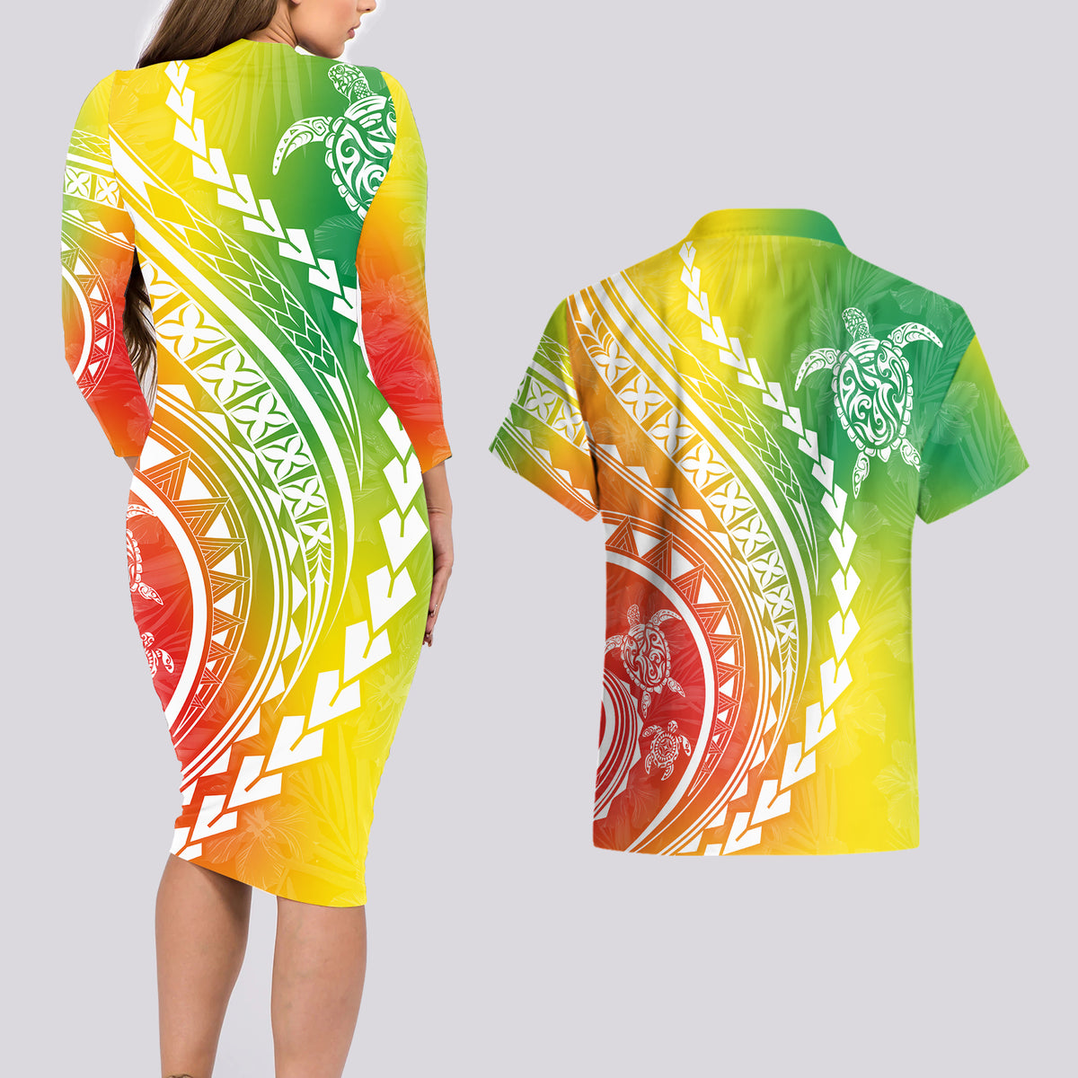 Polynesian Pride Couples Matching Long Sleeve Bodycon Dress and Hawaiian Shirt Turtle Hibiscus Luxury Style - Reggae LT7 - Wonder Print Shop