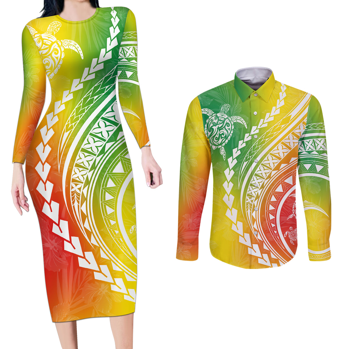Polynesian Pride Couples Matching Long Sleeve Bodycon Dress and Long Sleeve Button Shirts Turtle Hibiscus Luxury Style - Reggae LT7 - Wonder Print Shop