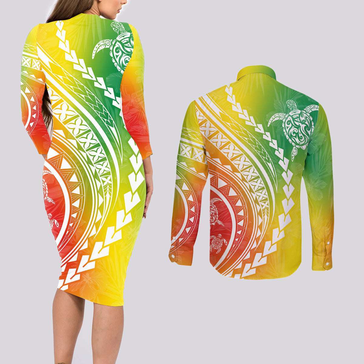 Polynesian Pride Couples Matching Long Sleeve Bodycon Dress and Long Sleeve Button Shirts Turtle Hibiscus Luxury Style - Reggae LT7 - Wonder Print Shop