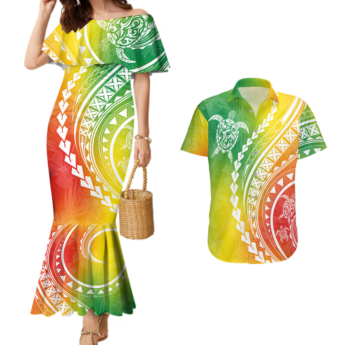 Polynesian Pride Couples Matching Mermaid Dress and Hawaiian Shirt Turtle Hibiscus Luxury Style - Reggae LT7 - Wonder Print Shop