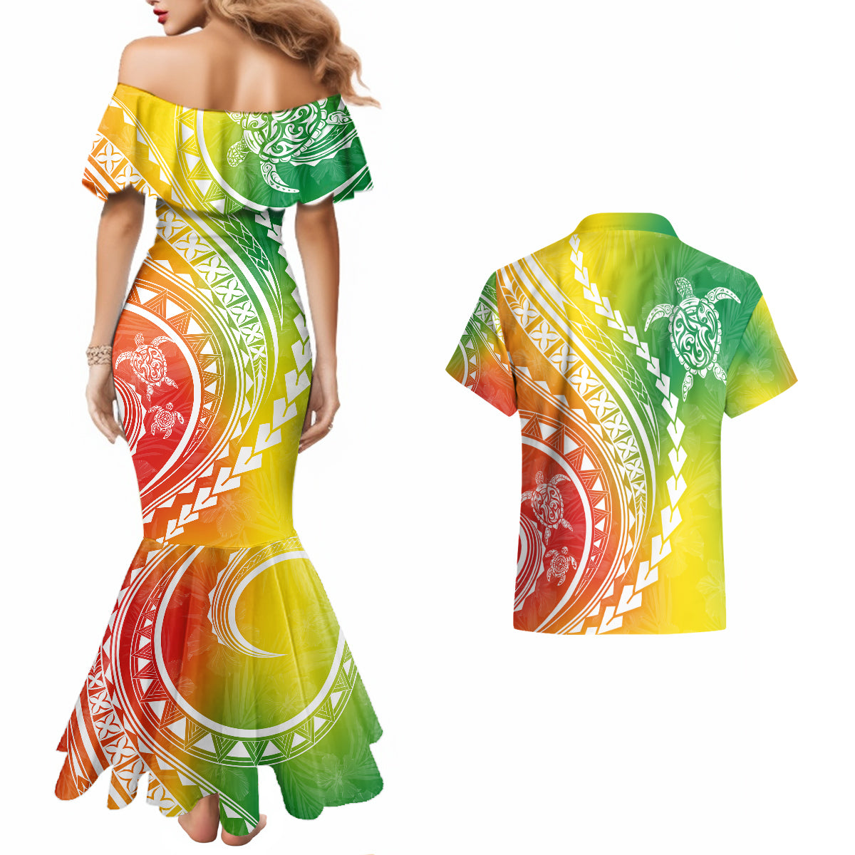 Polynesian Pride Couples Matching Mermaid Dress and Hawaiian Shirt Turtle Hibiscus Luxury Style - Reggae LT7 - Wonder Print Shop