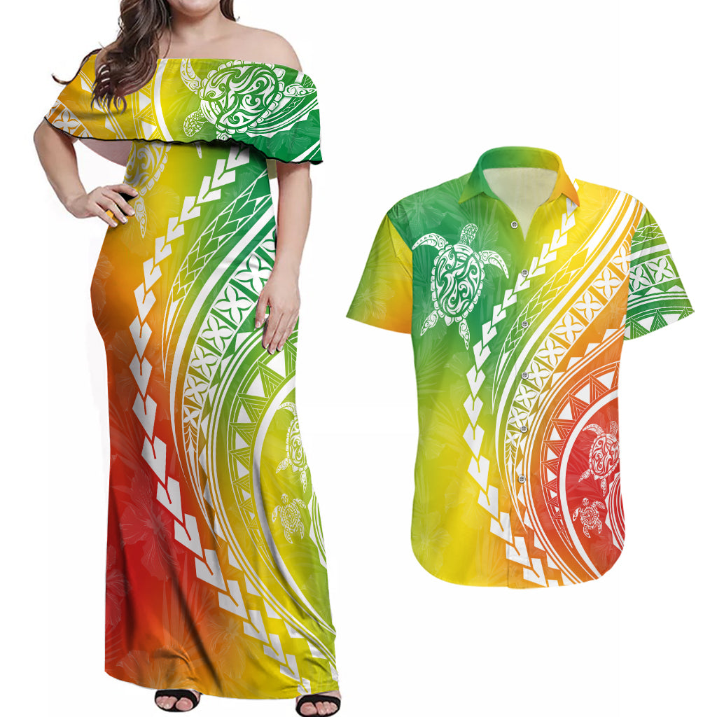 Polynesian Pride Couples Matching Off Shoulder Maxi Dress and Hawaiian Shirt Turtle Hibiscus Luxury Style - Reggae LT7 - Wonder Print Shop