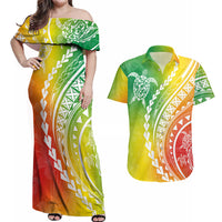 Polynesian Pride Couples Matching Off Shoulder Maxi Dress and Hawaiian Shirt Turtle Hibiscus Luxury Style - Reggae LT7 - Wonder Print Shop