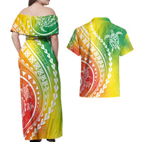 Polynesian Pride Couples Matching Off Shoulder Maxi Dress and Hawaiian Shirt Turtle Hibiscus Luxury Style - Reggae LT7 - Wonder Print Shop