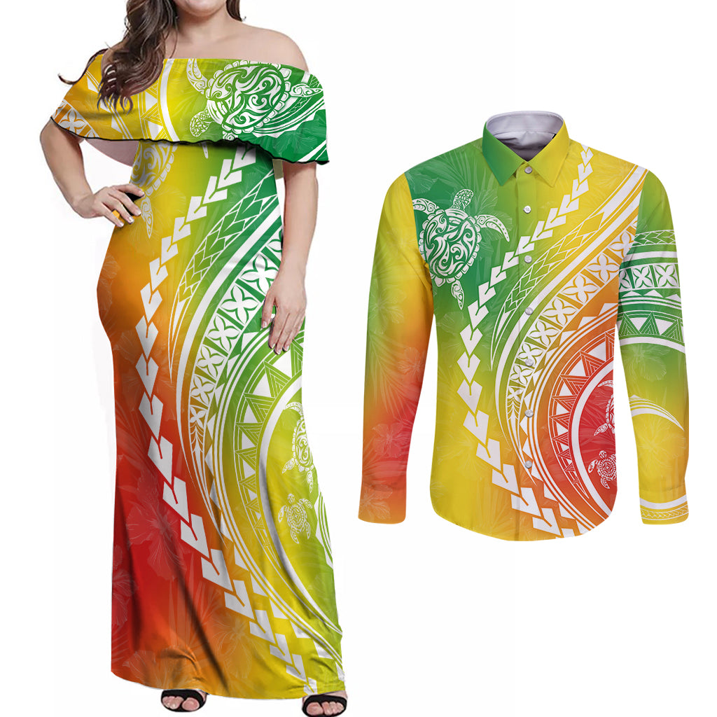 Polynesian Pride Couples Matching Off Shoulder Maxi Dress and Long Sleeve Button Shirts Turtle Hibiscus Luxury Style - Reggae LT7 - Wonder Print Shop