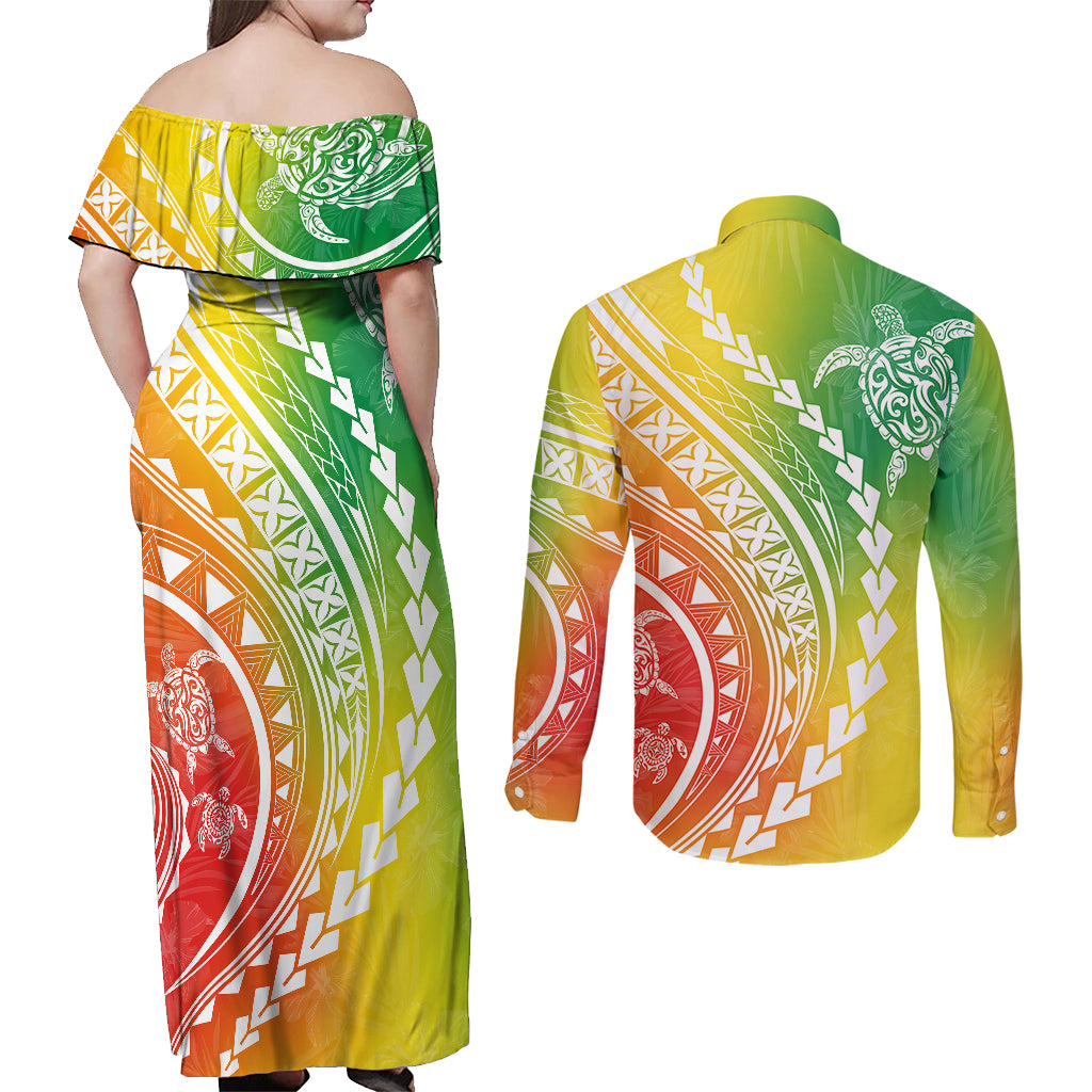Polynesian Pride Couples Matching Off Shoulder Maxi Dress and Long Sleeve Button Shirts Turtle Hibiscus Luxury Style - Reggae LT7 - Wonder Print Shop
