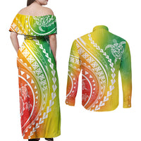 Polynesian Pride Couples Matching Off Shoulder Maxi Dress and Long Sleeve Button Shirts Turtle Hibiscus Luxury Style - Reggae LT7 - Wonder Print Shop