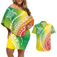 Polynesian Pride Couples Matching Off Shoulder Short Dress and Hawaiian Shirt Turtle Hibiscus Luxury Style - Reggae LT7 - Wonder Print Shop