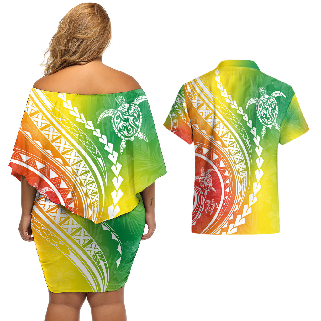 Polynesian Pride Couples Matching Off Shoulder Short Dress and Hawaiian Shirt Turtle Hibiscus Luxury Style - Reggae LT7 - Wonder Print Shop