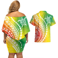 Polynesian Pride Couples Matching Off Shoulder Short Dress and Hawaiian Shirt Turtle Hibiscus Luxury Style - Reggae LT7 - Wonder Print Shop
