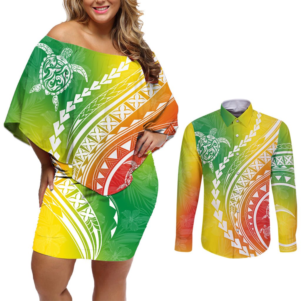 Polynesian Pride Couples Matching Off Shoulder Short Dress and Long Sleeve Button Shirts Turtle Hibiscus Luxury Style - Reggae LT7 - Wonder Print Shop