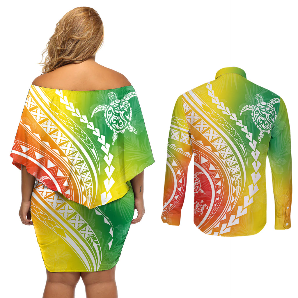 Polynesian Pride Couples Matching Off Shoulder Short Dress and Long Sleeve Button Shirts Turtle Hibiscus Luxury Style - Reggae LT7 - Wonder Print Shop